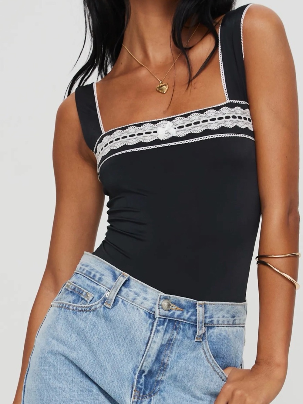 Princess Polly Black Lace-Trim Square Neck Bodysuit with White Detailing